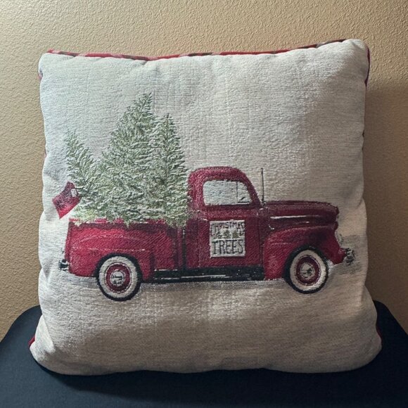 Vintage-Style Christmas Pillow With Red Truck & Trees 20" X 20" Inch Reversible - Picture 1 of 5